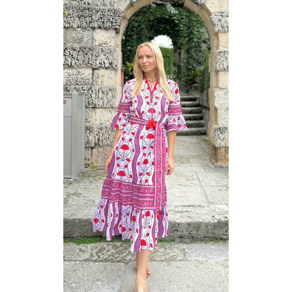 NEW ISLAPAYAL ascot maxi dress in deco poppy red